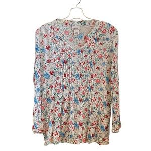 The Vermont Country Store Gauze  Floral Print Long Sleeve Popover Shirt White L